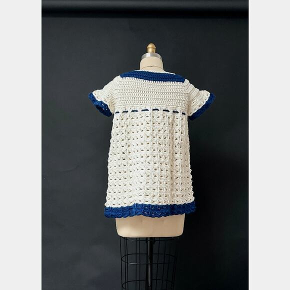 Vintage 1970s Hand Knit Crochet Babydoll Ivory Navy Blue Top - Picture 4 of 4